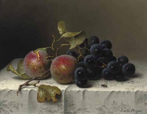 Johann Wilhelm Preyer Prunes and grapes on a damast tablecloth Norge oil painting art
